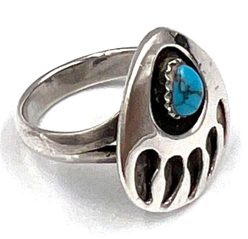 Antique Antique Art Deco Hand Made Sterling Silver & Natural Turquoise Ring Size P. US 8