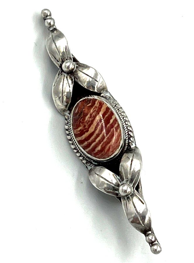 Antique Antique Silver Scottish Bar Brooch Large With Banded Agate Central Cabochon