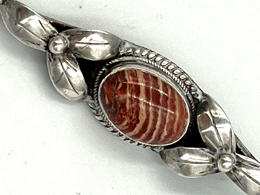 Antique Antique Silver Scottish Bar Brooch Large With Banded Agate Central Cabochon