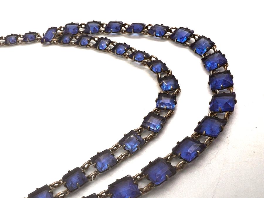 Antique Antique Art Deco Solid Silver & Czech Blue Link Necklace Bohemian A/F