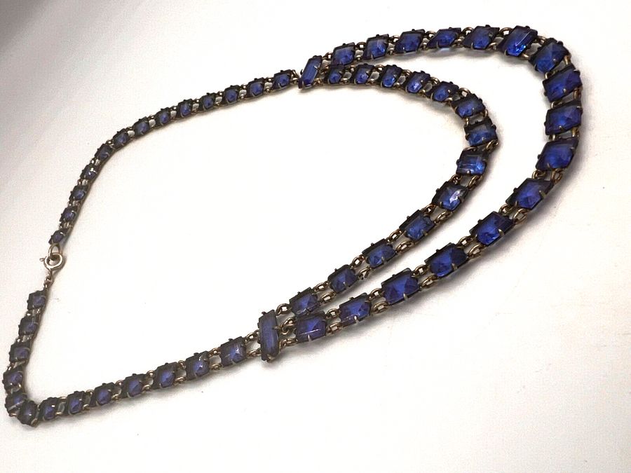 Antique Antique Art Deco Solid Silver & Czech Blue Link Necklace Bohemian A/F