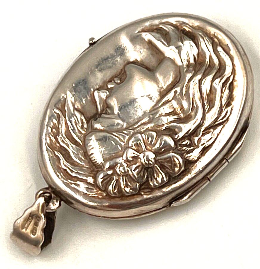 Antique Vintage Sterling Silver Large Double Locket Pendant Art Nouveau