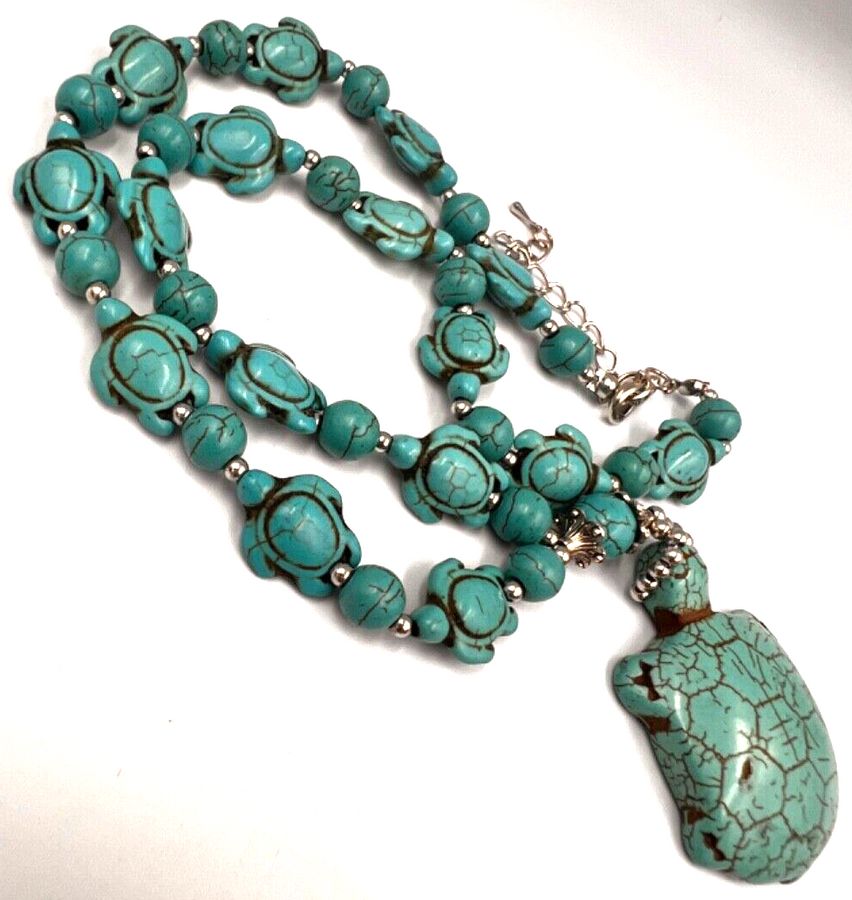 Antique Vintage Turquoise Colour Resin Turtle Necklace Pendant Unusual