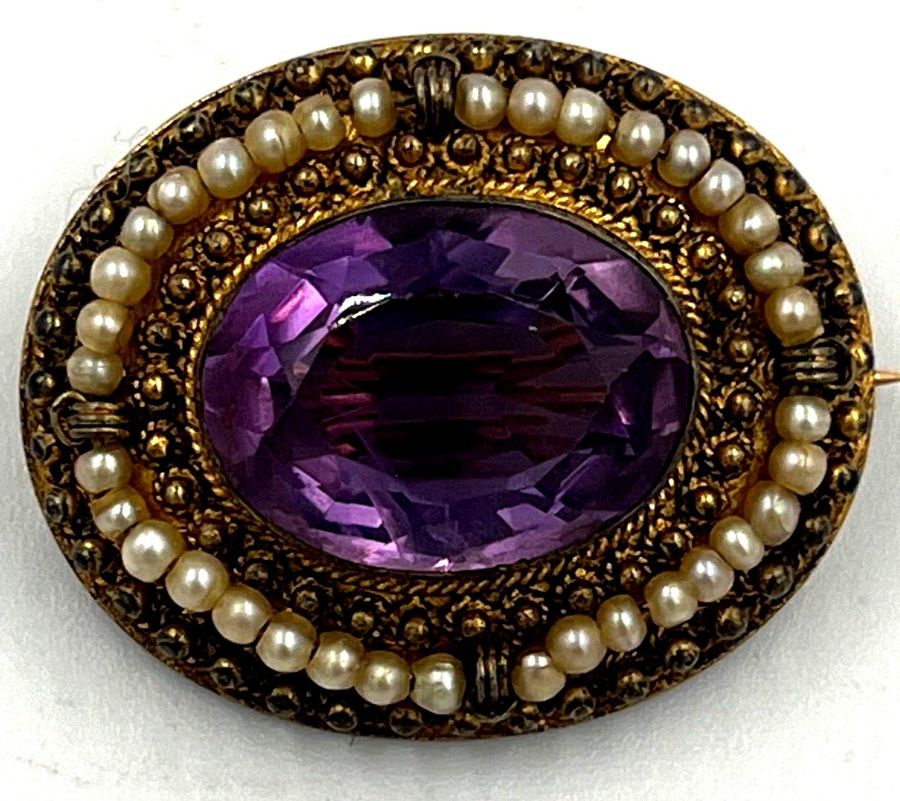 Antique Antique Victorian Etruscan Revival Pinchbeck Amethyst and Seed Pearl Brooch Pin