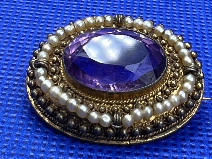 Antique Antique Victorian Etruscan Revival Pinchbeck Amethyst and Seed Pearl Brooch Pin