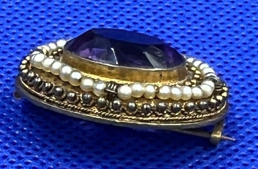 Antique Antique Victorian Etruscan Revival Pinchbeck Amethyst and Seed Pearl Brooch Pin