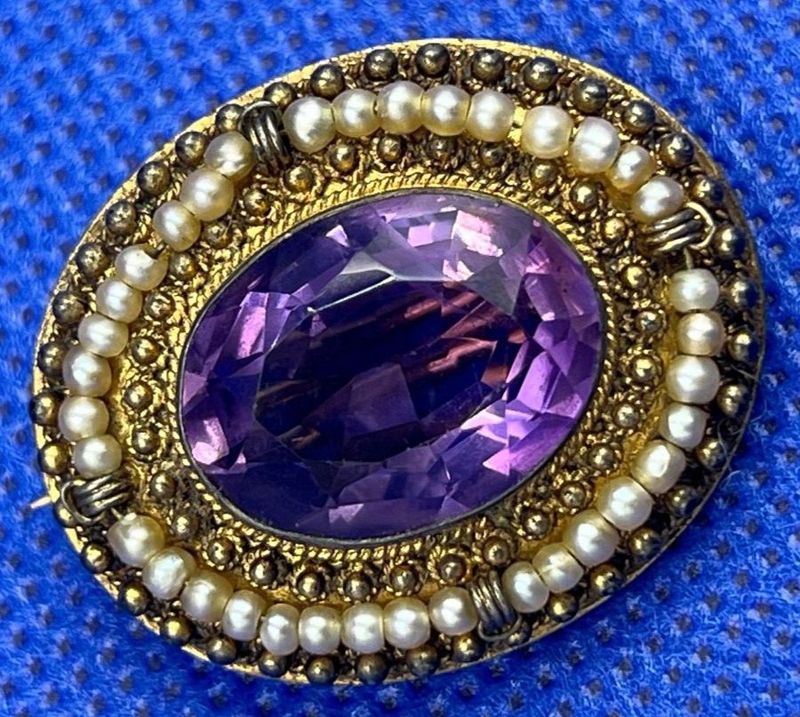 Antique Antique Victorian Etruscan Revival Pinchbeck Amethyst and Seed Pearl Brooch Pin