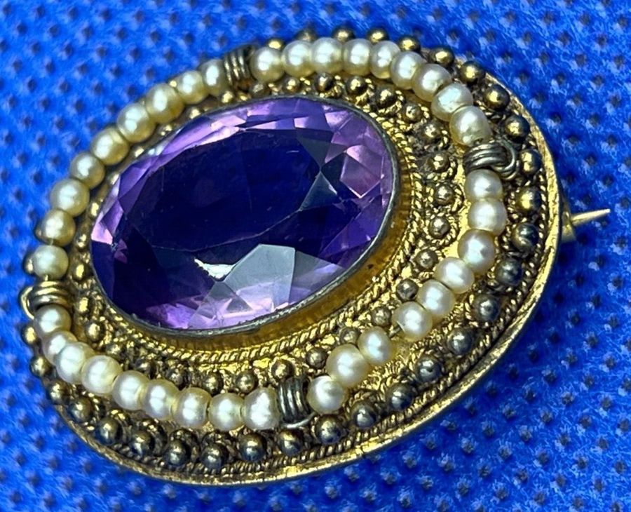 Antique Antique Victorian Etruscan Revival Pinchbeck Amethyst and Seed Pearl Brooch Pin