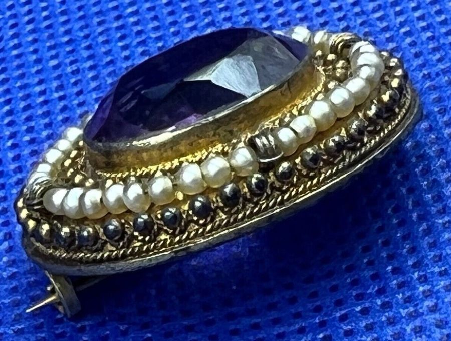 Antique Antique Victorian Etruscan Revival Pinchbeck Amethyst and Seed Pearl Brooch Pin