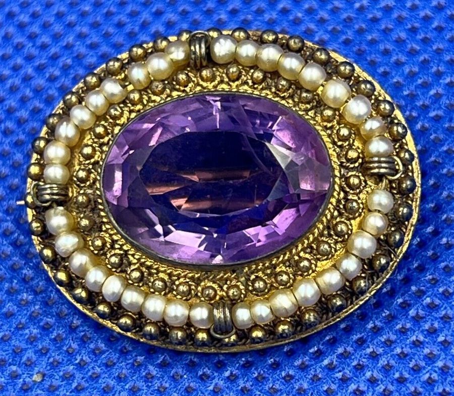 Antique Antique Victorian Etruscan Revival Pinchbeck Amethyst and Seed Pearl Brooch Pin