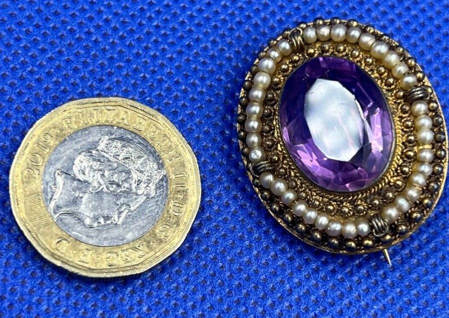 Antique Antique Victorian Etruscan Revival Pinchbeck Amethyst and Seed Pearl Brooch Pin