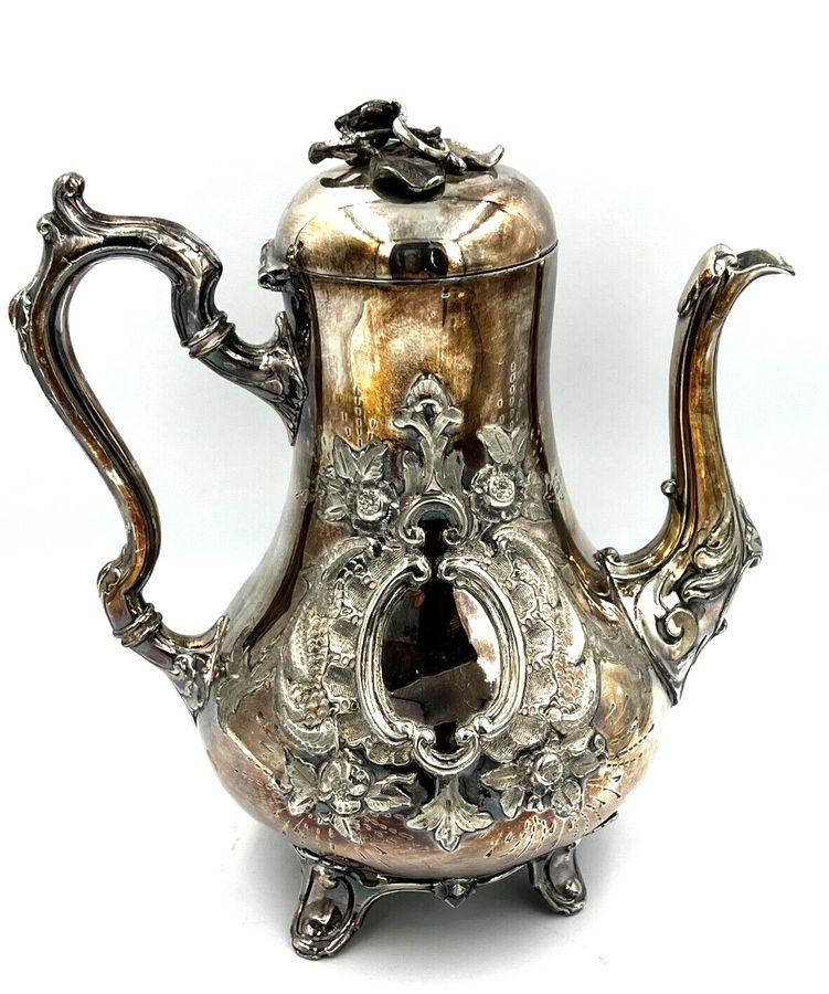 Antique Antique Rare Silver Plated Gourd Shaped Coffee pot  Floral Finial & Footed