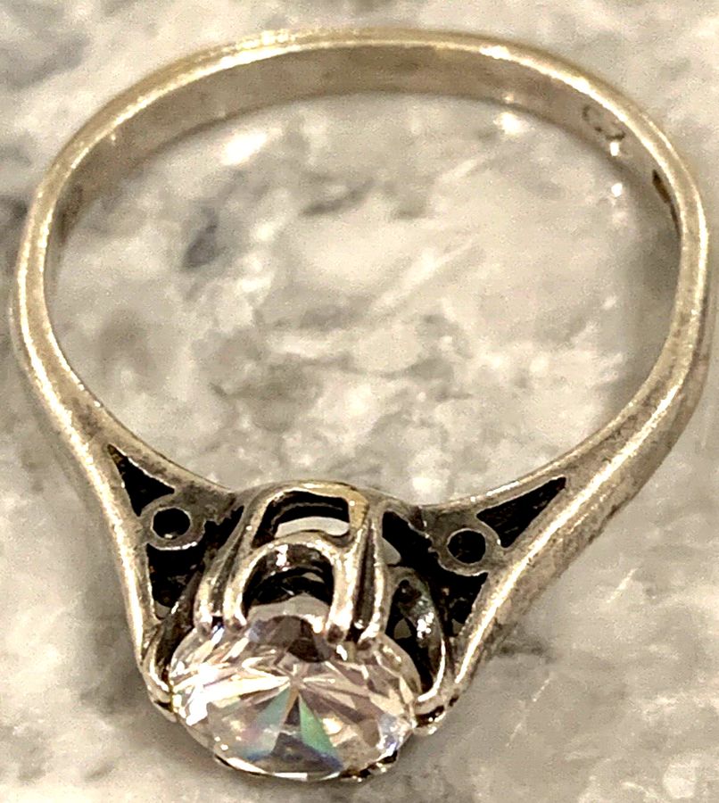 Antique Vintage Art Deco Sterling Silver Ring Set with Clear Sparkly CZ Size N