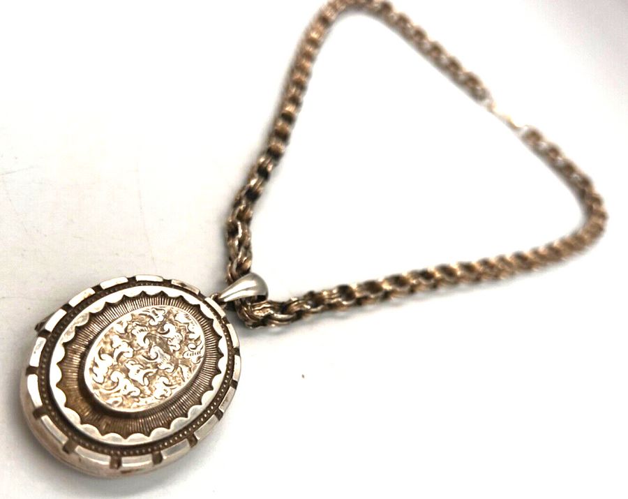 Antique Antique Victorian Etruscan Large Locket & Victorian Silver Book Chain Circa 1880