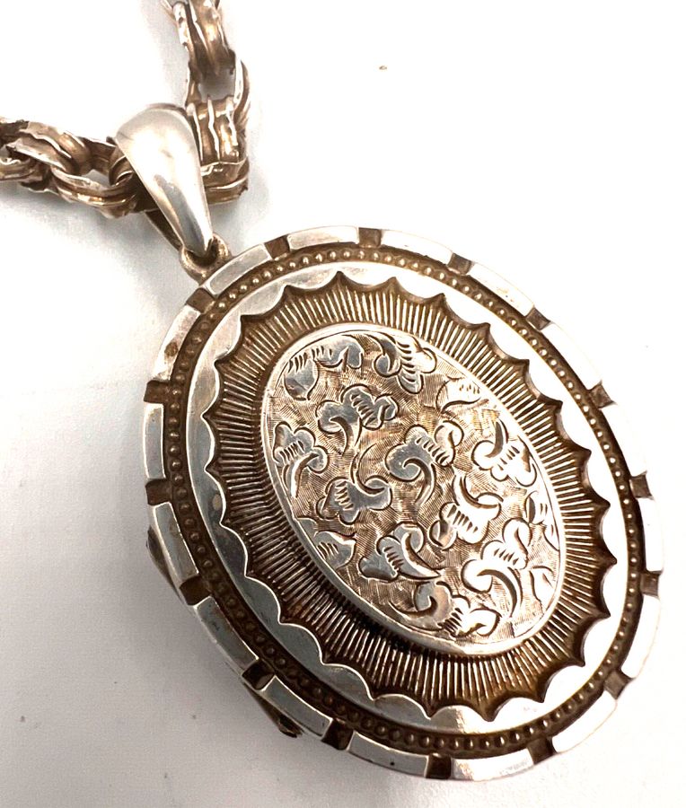 Antique Antique Victorian Etruscan Large Locket & Victorian Silver Book Chain Circa 1880