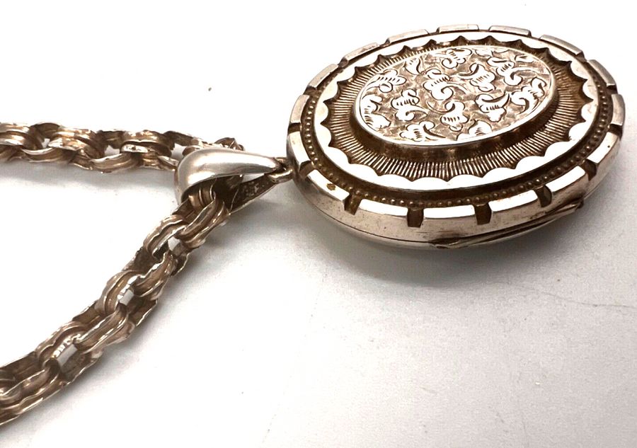 Antique Antique Victorian Etruscan Large Locket & Victorian Silver Book Chain Circa 1880