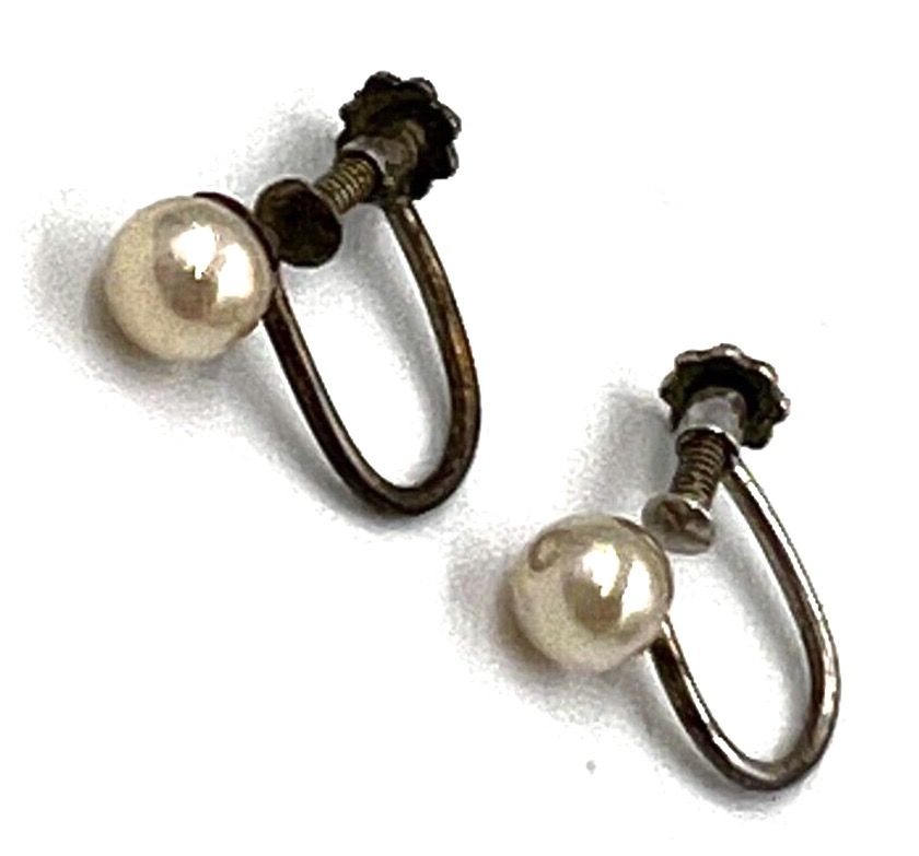 Antique Antique Pearl & Silver Earrings Screw Back Art Deco 1920s