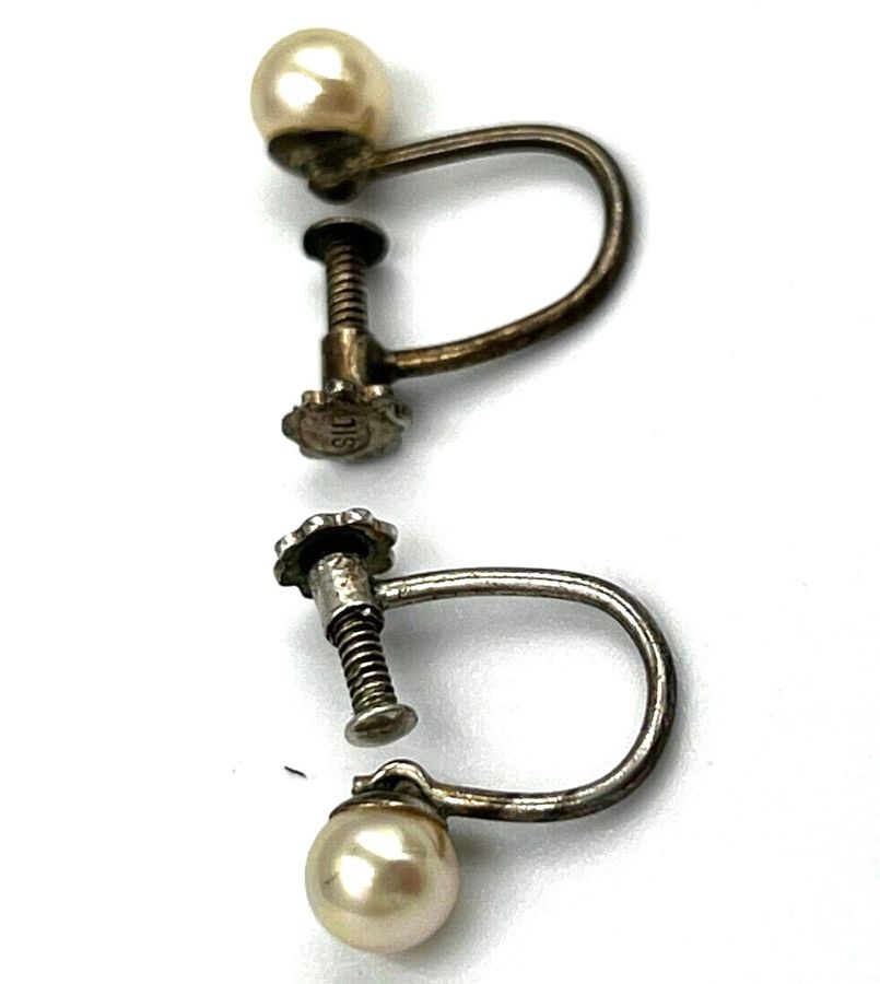 Antique Antique Pearl & Silver Earrings Screw Back Art Deco 1920s