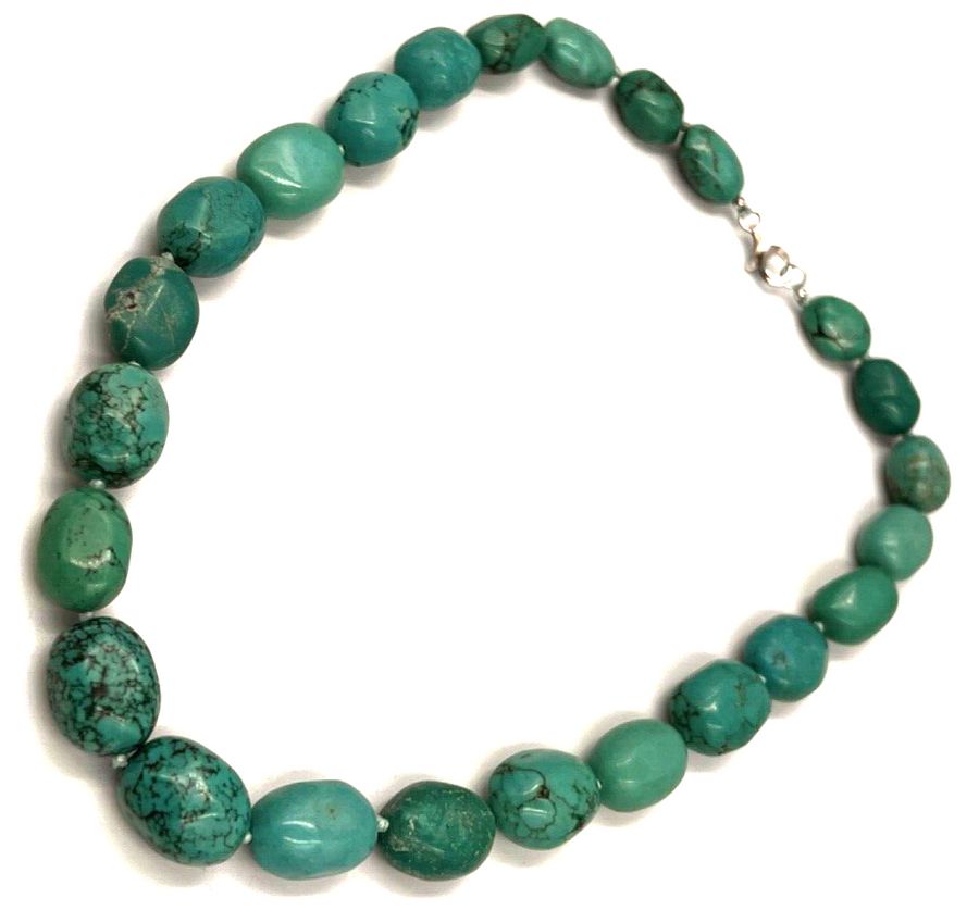 Antique Vintage Polished Natural Turquoise Necklace Choker Graduated  925 Silver Clasp