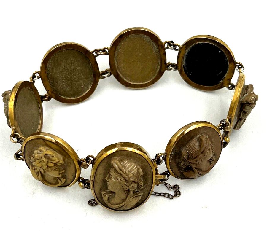 Antique Antique Victorian Bracelet Lava Cameo Grand Tour Silver Gilt High Relief Carving