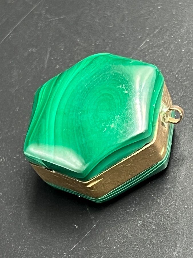 Antique Antique Malachite Pendant Set in Brass Hand Made Heavy Hexagon Shape