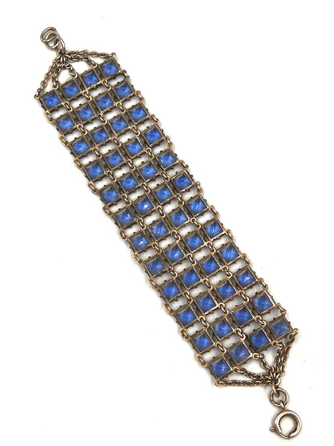 Antique Antique Art Deco Solid Silver & Czech Blue Link Bracelet 4 Rows Bohemian