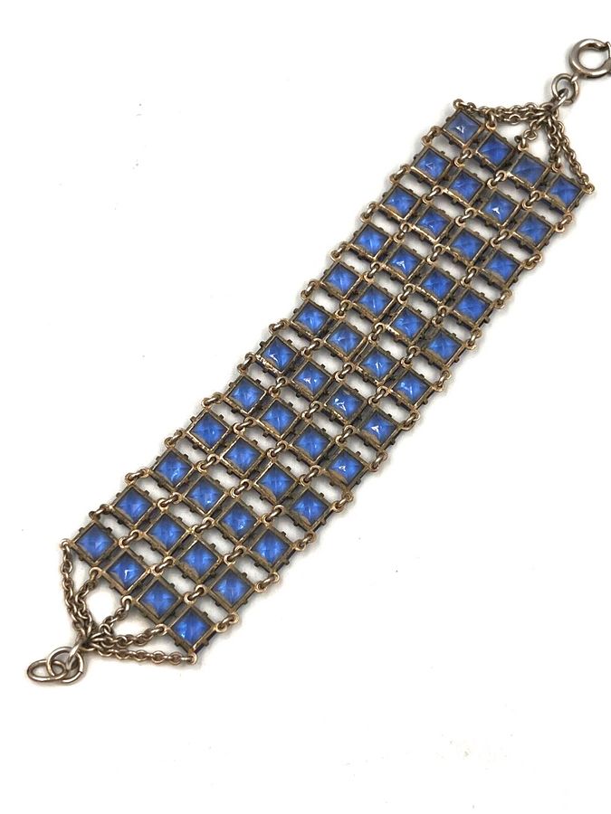 Antique Antique Art Deco Solid Silver & Czech Blue Link Bracelet 4 Rows Bohemian