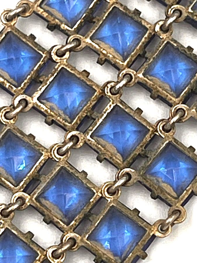 Antique Antique Art Deco Solid Silver & Czech Blue Link Bracelet 4 Rows Bohemian