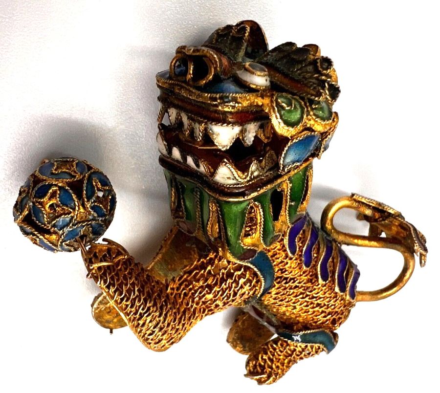 Antique Antique Chinese Dragon and Pearl Pendant Articulated Foo Dog Enamelled Large