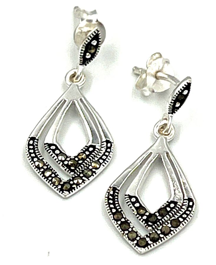 Antique Antique Art Deco Silver Drop Earrings Marcasite 1920s Pierced Ears