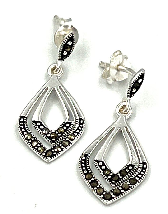 Antique Antique Art Deco Silver Drop Earrings Marcasite 1920s Pierced Ears