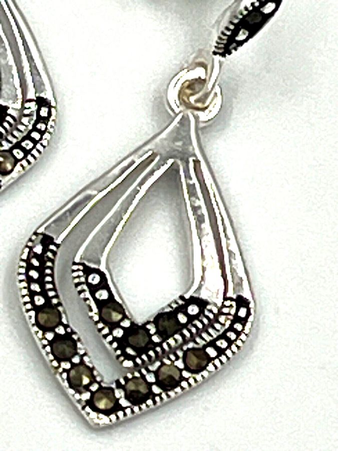 Antique Antique Art Deco Silver Drop Earrings Marcasite 1920s Pierced Ears