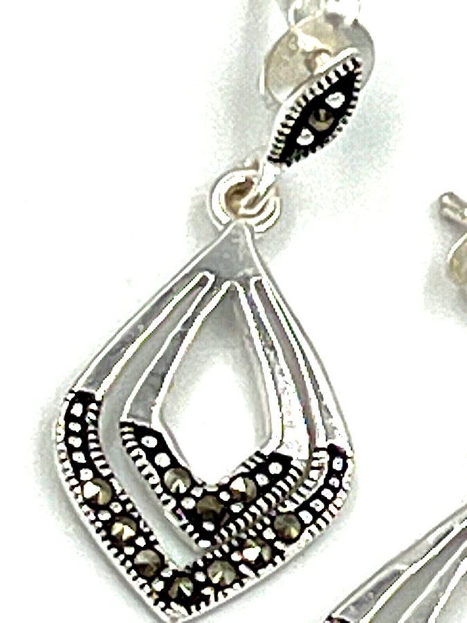 Antique Antique Art Deco Silver Drop Earrings Marcasite 1920s Pierced Ears