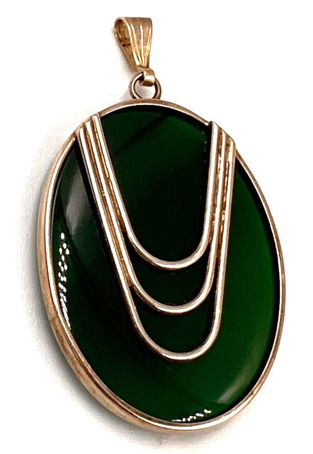 Antique Antique Art Deco Chinese Imperial Jade Large Oval Pendant Silver