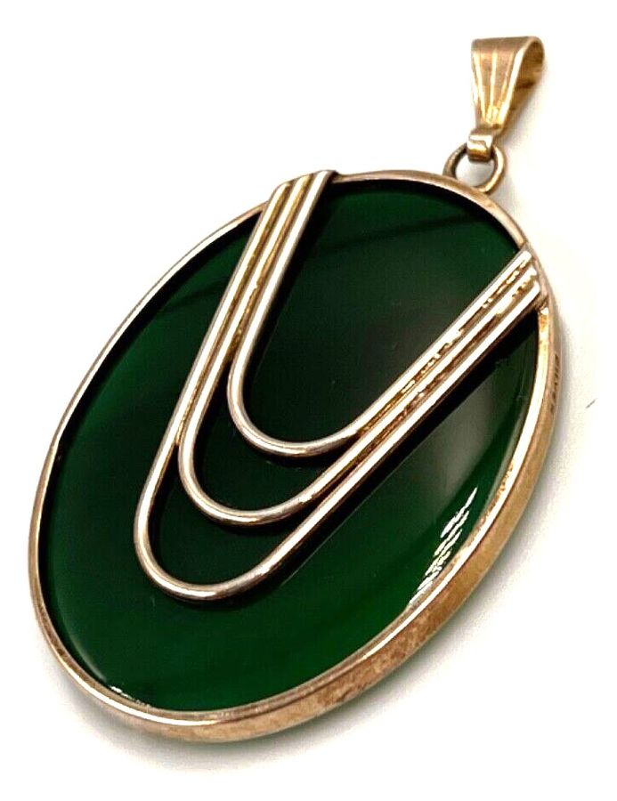 Antique Antique Art Deco Chinese Imperial Jade Large Oval Pendant Silver