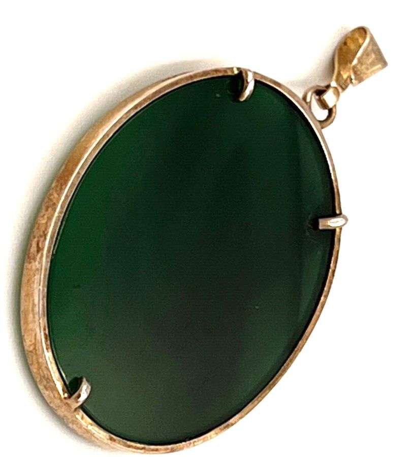 Antique Antique Art Deco Chinese Imperial Jade Large Oval Pendant Silver