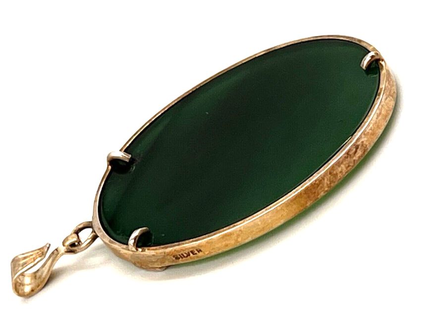 Antique Antique Art Deco Chinese Imperial Jade Large Oval Pendant Silver