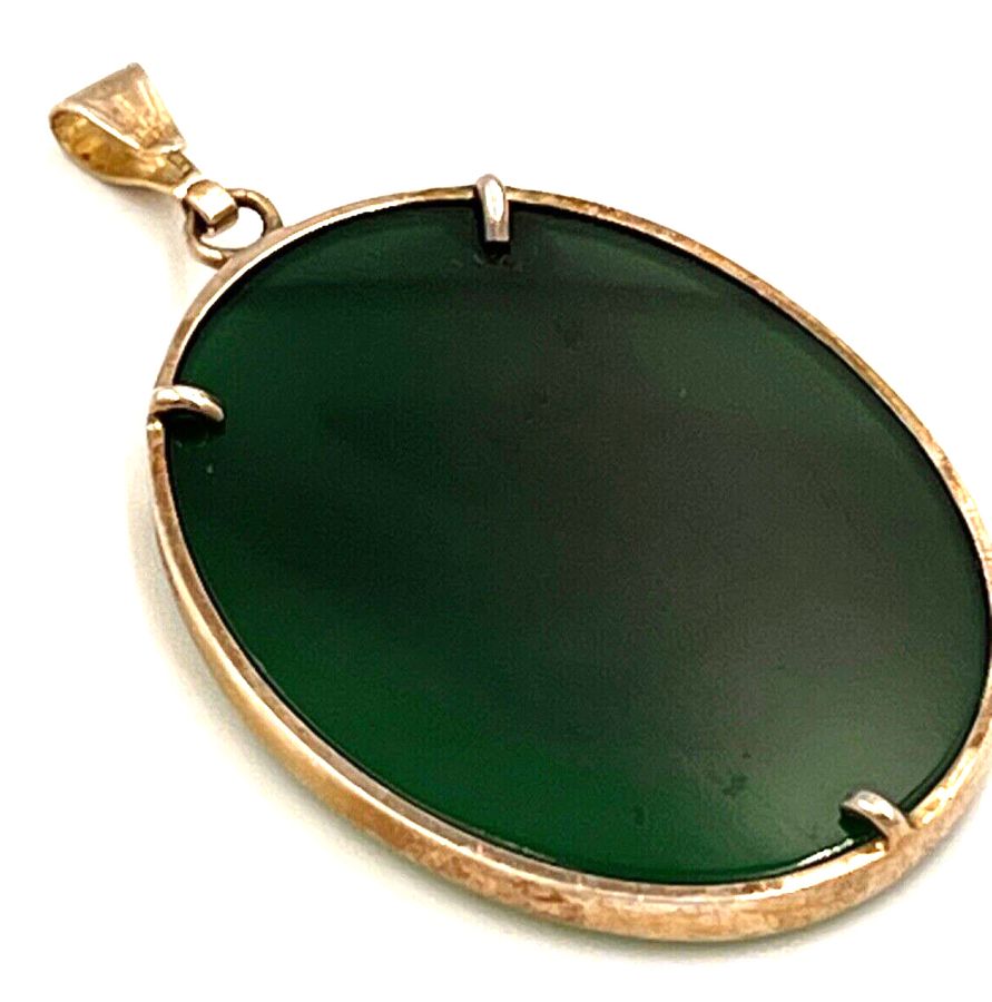 Antique Antique Art Deco Chinese Imperial Jade Large Oval Pendant Silver