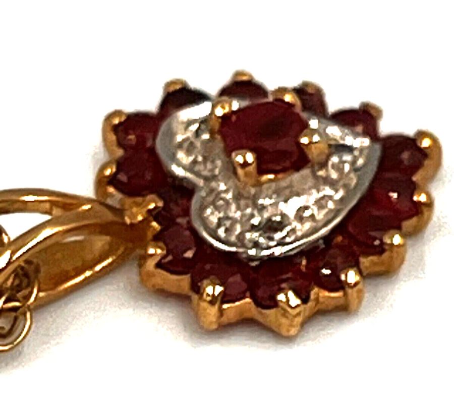 Antique Vintage 9CT White and Yellow Gold Ruby & Diamond Cluster Heart Pendant & Chain