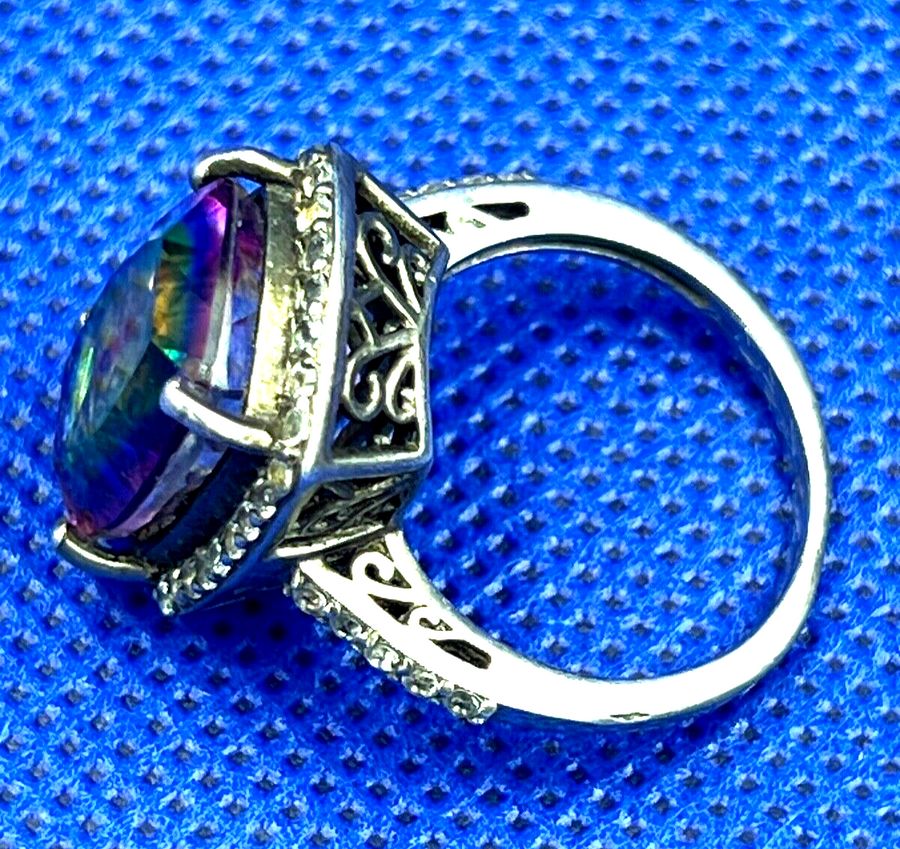 Antique Vintage Sterling Silver & Purple Green Mystic Fire Quartz Ring Size P