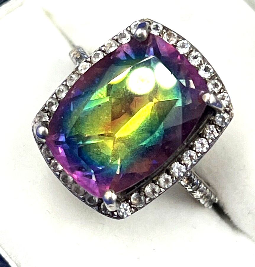 Antique Vintage Sterling Silver & Purple Green Mystic Fire Quartz Ring Size P