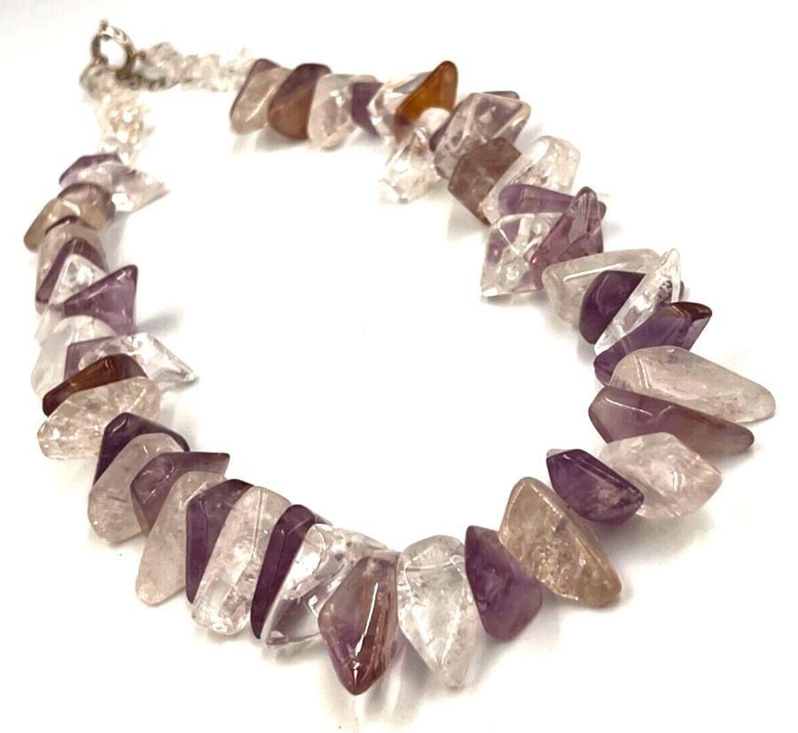 Antique Vintage Natural Polished Amethyst & Crystal Necklace Choker with Silver Clasp