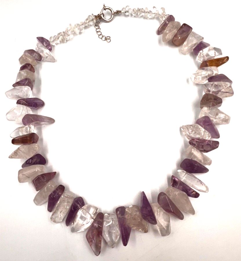 Antique Vintage Natural Polished Amethyst & Crystal Necklace Choker with Silver Clasp