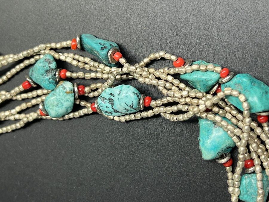 Antique Vintage Silver Necklace Set with Natural Coral & Large Chunks Natural Turquoise