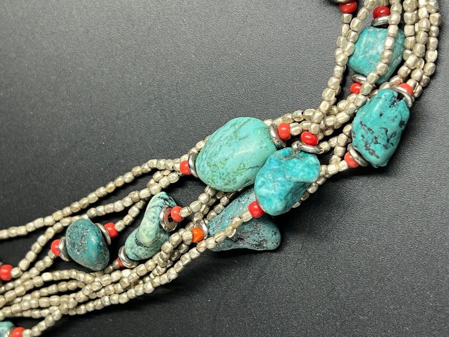 Antique Vintage Silver Necklace Set with Natural Coral & Large Chunks Natural Turquoise