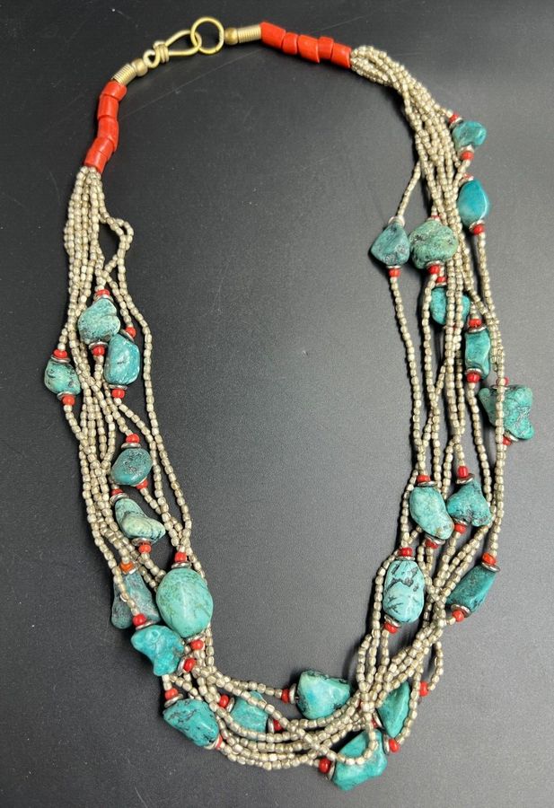 Antique Vintage Silver Necklace Set with Natural Coral & Large Chunks Natural Turquoise