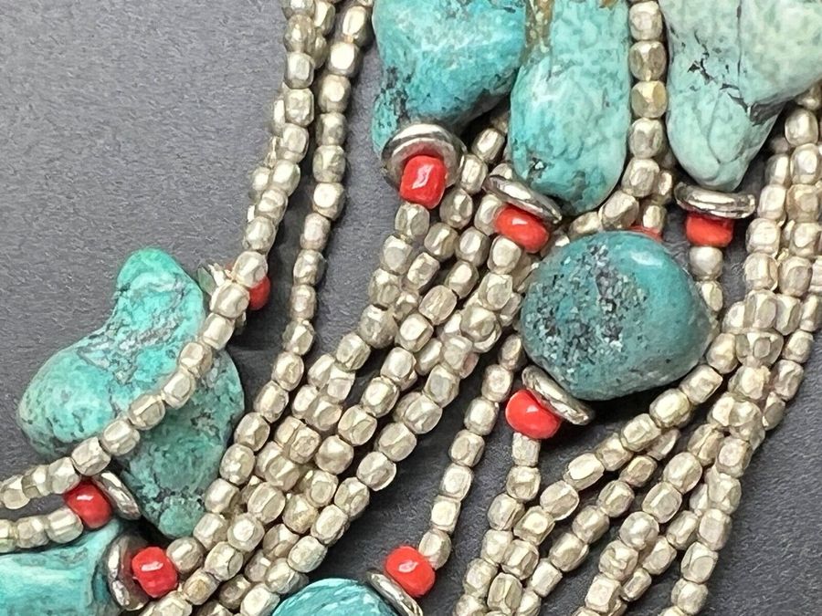 Antique Vintage Silver Necklace Set with Natural Coral & Large Chunks Natural Turquoise