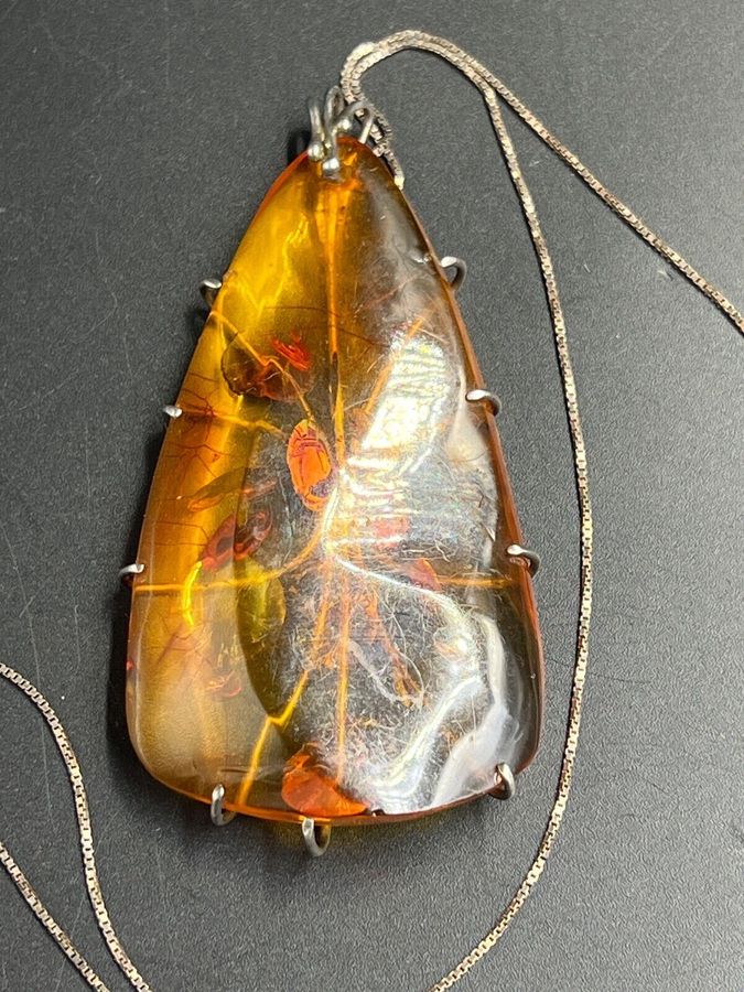 Antique Very Large Amber Pendant 835 Silver and 925 Silver Chain Antique Circa 1910