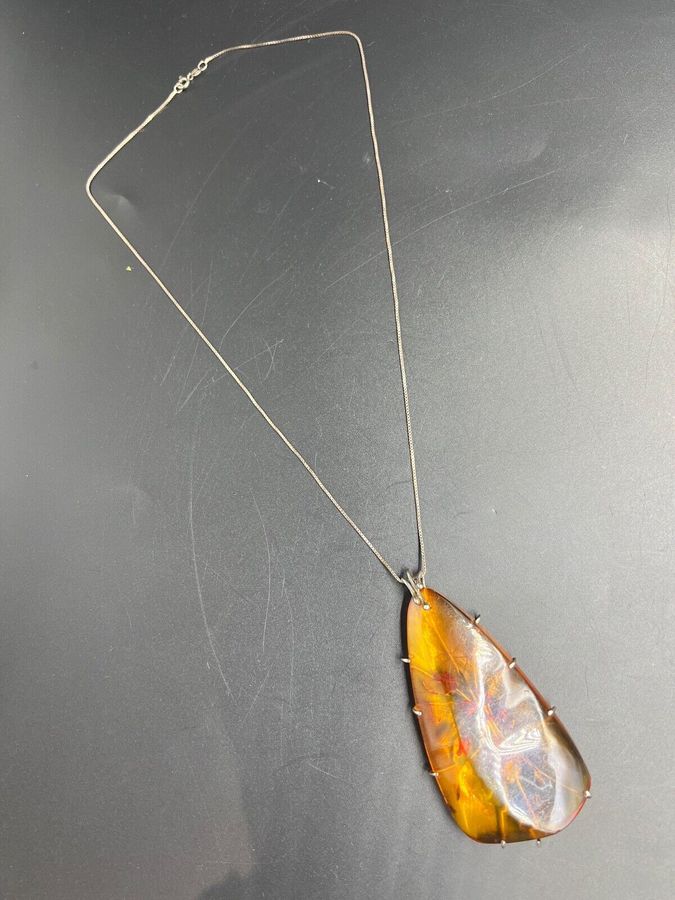 Antique Very Large Amber Pendant 835 Silver and 925 Silver Chain Antique Circa 1910