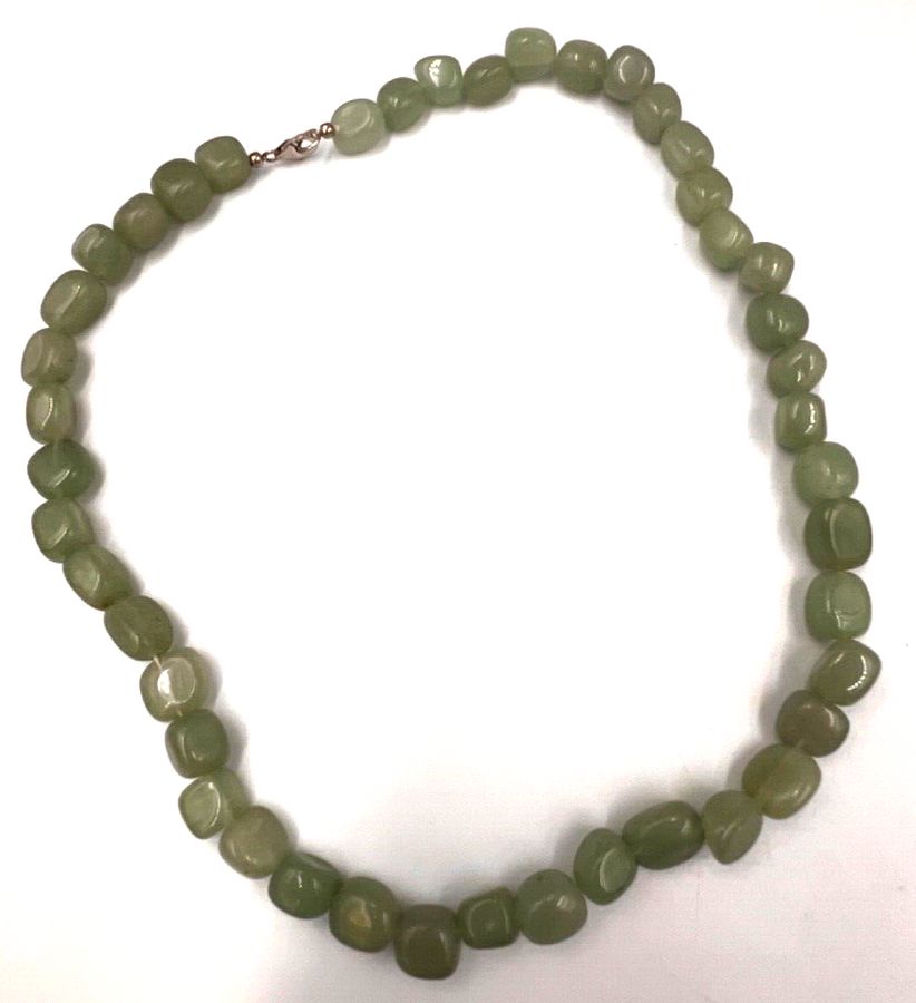 Antique Vintage Natural Polished Celadon Jadeite  Necklace Choker  Silver Clasp